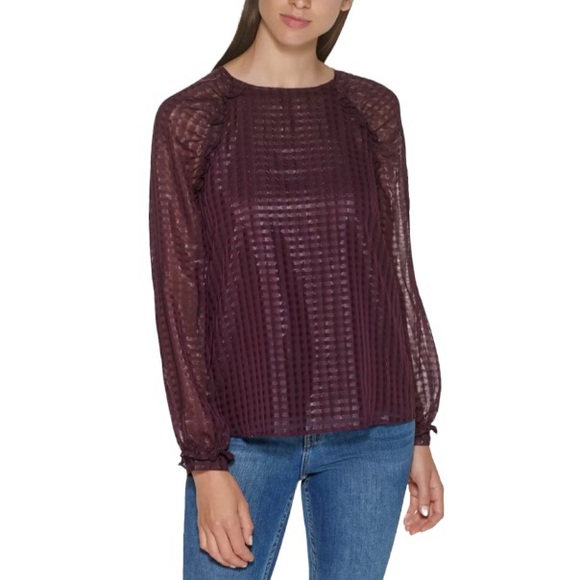 Calvin Klein Sheer Check Long Sleeve Blouse, M - Picture 1 of 4